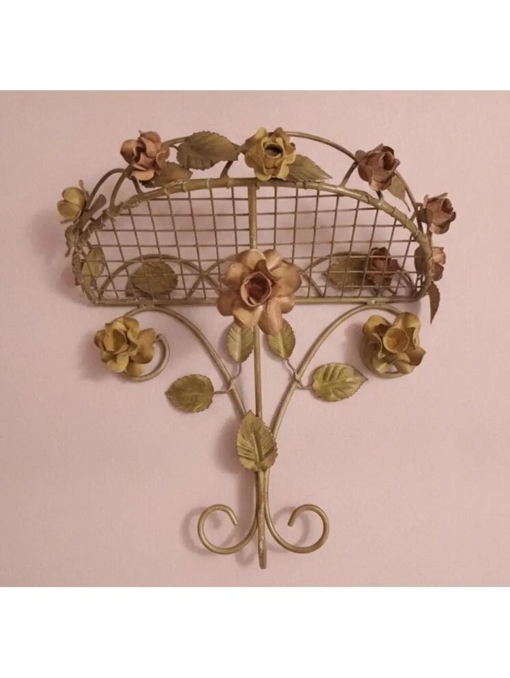 Vintage Italian Toleware Wire Mesh Wall Shelf w/ Hand-Painted Roses 8